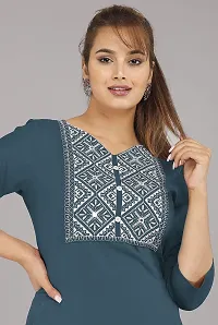 Glamson Women's Viscose Rayon Calf Length Blue Embroidered V Neck 3/4 Sleeve Kurti(Pack of 1,S)-thumb3