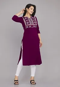 Glamson Women's Viscose Rayon Below Knee Wine Colour Embroidered Round Neck 3/4 Sleeve Kurti(Pack of 1,XXL)-thumb1