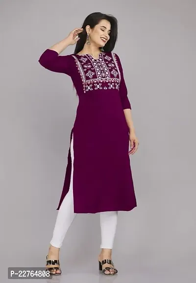 Glamson Women's Viscose Rayon Below Knee Wine Colour Embroidered Round Neck 3/4 Sleeve Kurti(Pack of 1,XXL)-thumb2