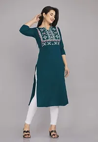 Glamson Women's Viscose Rayon Below Knee Firozi Embroidered Round Neck 3/4 Sleeve Kurti(Pack of 1,L)-thumb1