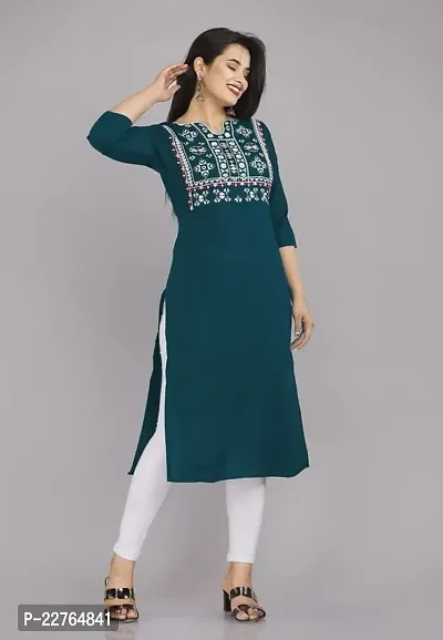 Glamson Women's Viscose Rayon Below Knee Firozi Embroidered Round Neck 3/4 Sleeve Kurti(Pack of 1,L)-thumb2