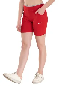 Trendy Cotton Lycra Solid Red Shorts For Women-thumb1