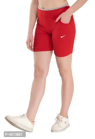 Trendy Cotton Lycra Solid Red Shorts For Women-thumb2