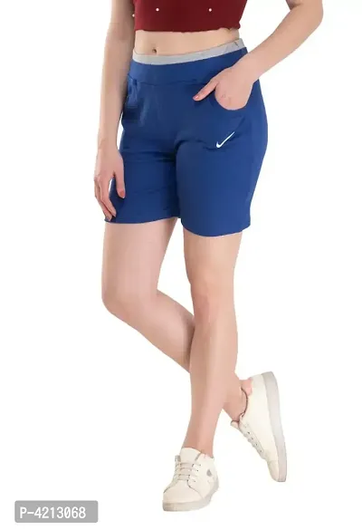 Trendy Cotton Lycra Solid Royal blue Shorts For Women-thumb2