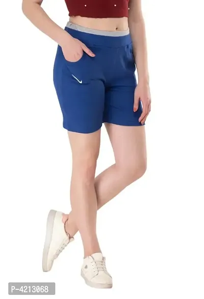 Trendy Cotton Lycra Solid Royal blue Shorts For Women-thumb0