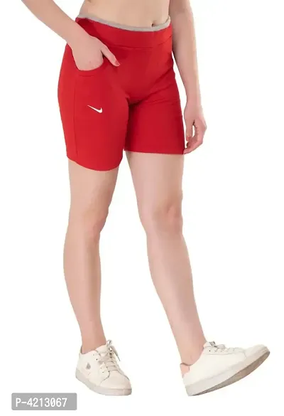 Trendy Cotton Lycra Solid Red Shorts For Women-thumb0