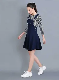 Classic Navy Blue Cotton Lycra Blend Striped Two Piece Dungaree For Women And Girls-thumb2