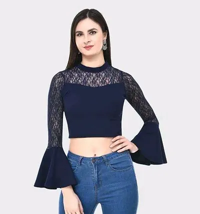 Partywear Blend Bell Sleeves Lace Tops For Women