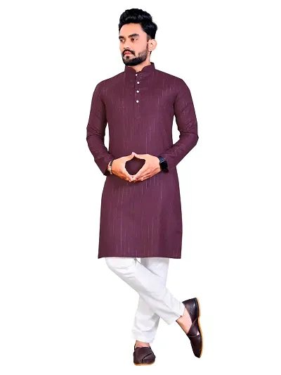 PLUSIFYE Men's Stripe Long Sleeve Mandarin Collar Straight Ethnic Wear Kurta (J_B_E_30052042-Wine-XXX-Large)