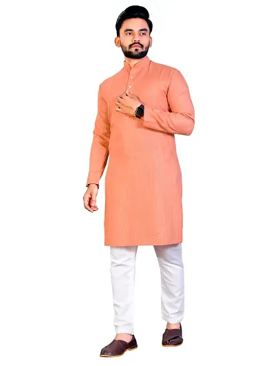 PLUSIFYE Men's Stripe Long Sleeve Mandarin Collar Straight Ethnic Wear Kurta (J_B_E_30052038-LightOrange-X-large)