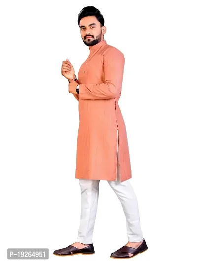 PLUSIFYE Men's Stripe Cotton Long Sleeve Mandarin Collar Straight Ethnic Wear Kurta (J_B_E_30052038-LightOrange-X-large)-thumb2