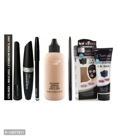 INDICUL EYELINER, MASCARA, EYEBROW PENCIL, KAJAL, CHARCOAL FACE MASK AND FACE AND BODY FOUNDATION (PACK OF 6)-thumb0