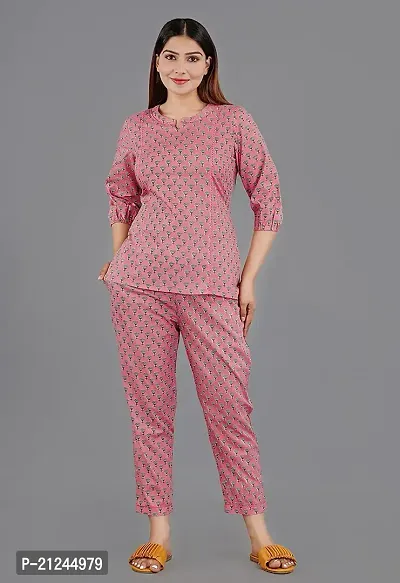 LESHA Women/Girl's Pure Cotton Printed Laced Top  Pant Set/Night Suit/Loungewear-thumb0
