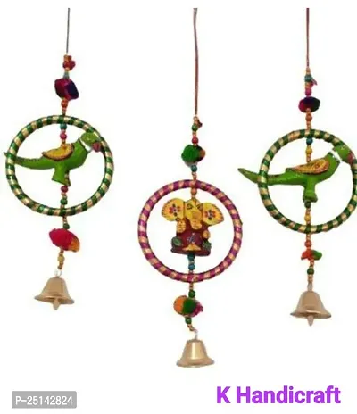 Khusbhu handicraft handmade multicolor wall hanging windchimes jhumki hanging set of 3 for home decor balcony decor-thumb0