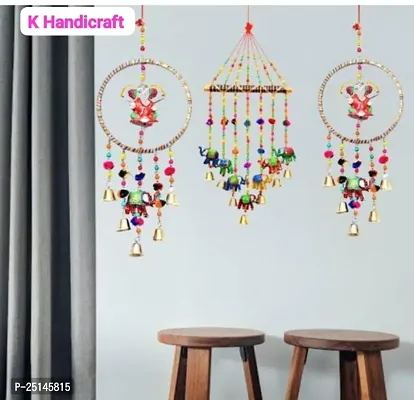 Khusbhu handicraft multicolor handmade wall hanging windchimes set of 3 for home decor balcony decor-thumb0