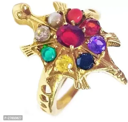 Gold-Plated Navratan Tortoise Ring With Semi-Precious Gemstone For Women Brass Gold Plated Ring