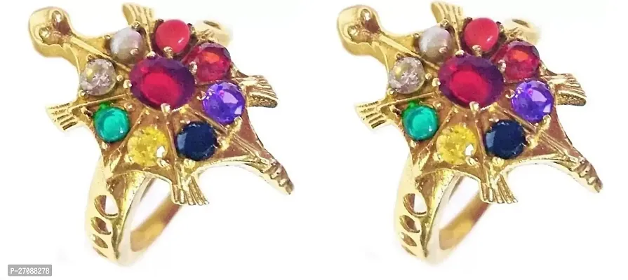 Gold-Plated Navratan Tortoise Ring With Semi-Precious Gemstone For Women Brass Gold Plated Ring Pack of 2