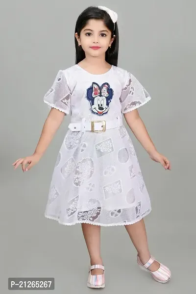 Star Collection Girl's Trendy Unique Designed Net Below Knee, Beautiful Minnie Designed with White Belt Frock. (4-5 Years, White)