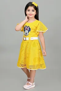 Star Collection Girl's Trendy Unique Designed Net Below Knee, Beautiful Minnie Designed with White Belt Frock. (8-9 Years, Yellow)-thumb1
