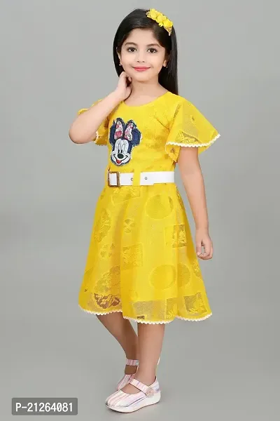 Star Collection Girl's Trendy Unique Designed Net Below Knee, Beautiful Minnie Designed with White Belt Frock. (8-9 Years, Yellow)-thumb2
