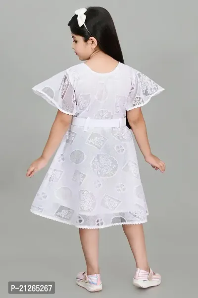 Star Collection Girl's Trendy Unique Designed Net Below Knee, Beautiful Minnie Designed with White Belt Frock. (4-5 Years, White)-thumb3