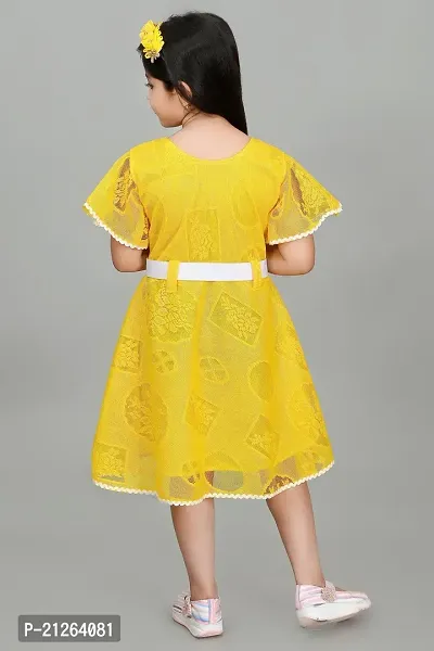 Star Collection Girl's Trendy Unique Designed Net Below Knee, Beautiful Minnie Designed with White Belt Frock. (8-9 Years, Yellow)-thumb3