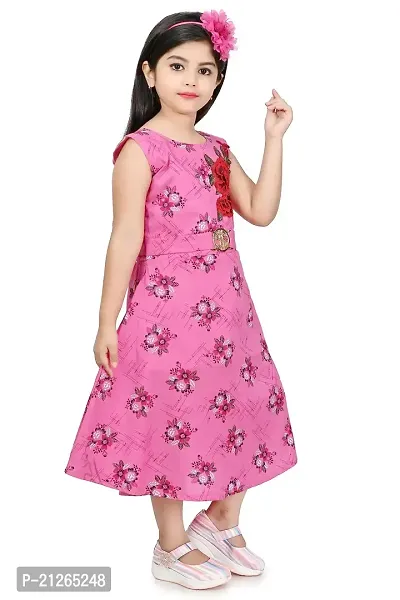 Star Collection Girl's Fashionable Designed Cotton Below Knee, All Over Flower Printed Sleeveless Frock. (9-10 Years, Pink)-thumb2