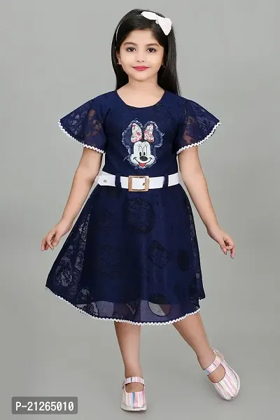 Star Collection Girl's Trendy Unique Designed Net Below Knee, Beautiful Minnie Designed with White Belt Frock. (8-9 Years, Blue)