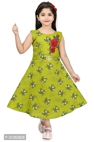 Star Collection Girl's Fashionable Designed Cotton Below Knee, All Over Flower Printed Sleeveless Frock. (6-7 Years, Green)-thumb0