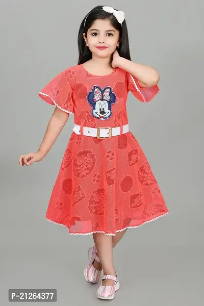 Star Collection Girl's Trendy Unique Designed Net Below Knee, Beautiful Minnie Designed with White Belt Frock. (9-10 Years, RED)
