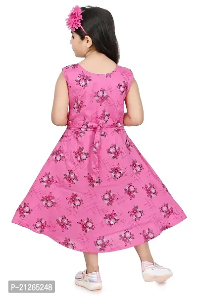 Star Collection Girl's Fashionable Designed Cotton Below Knee, All Over Flower Printed Sleeveless Frock. (9-10 Years, Pink)-thumb3