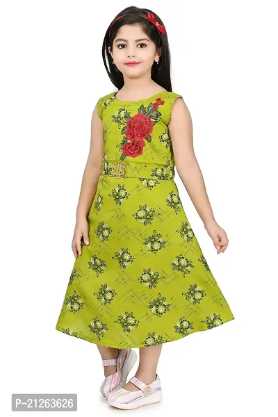 Star Collection Girl's Fashionable Designed Cotton Below Knee, All Over Flower Printed Sleeveless Frock. (6-7 Years, Green)-thumb5