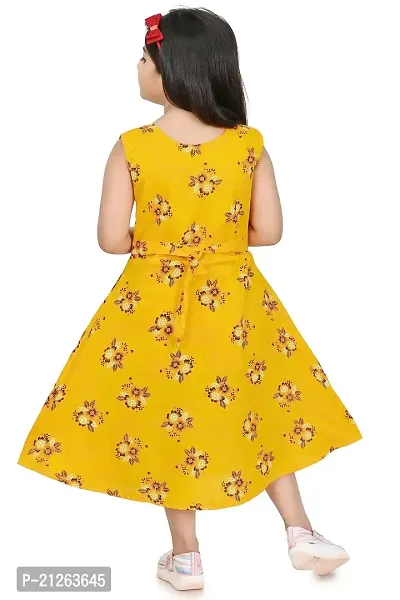 Star Collection Girl's Fashionable Designed Cotton Below Knee, All Over Flower Printed Sleeveless Frock. (2-3 Years, Yellow)-thumb3