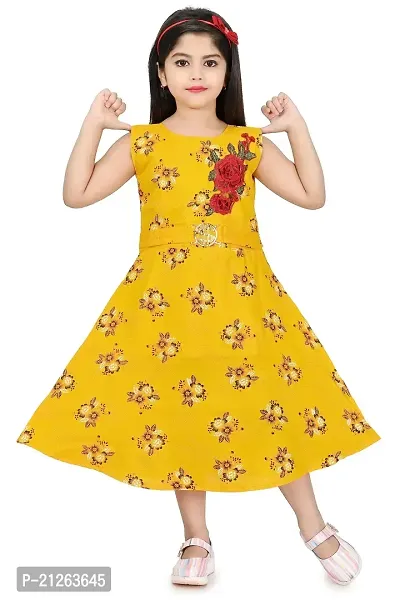 Star Collection Girl's Fashionable Designed Cotton Below Knee, All Over Flower Printed Sleeveless Frock. (2-3 Years, Yellow)-thumb0