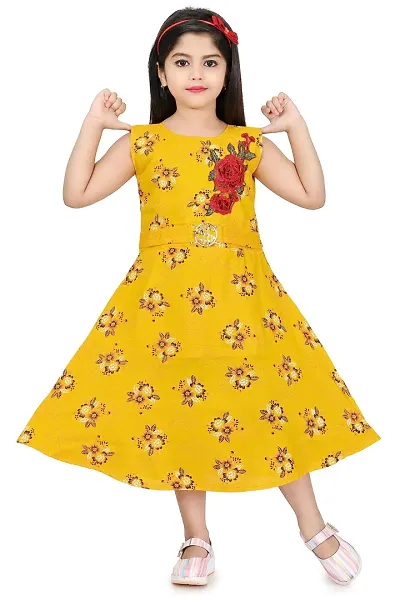 Star Collection Girl's Fashionable Designed Cotton Below Knee, All Over Flower Printed Sleeveless Frock.