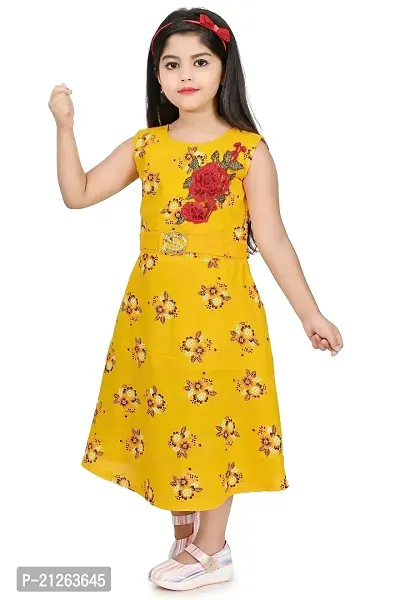 Star Collection Girl's Fashionable Designed Cotton Below Knee, All Over Flower Printed Sleeveless Frock. (2-3 Years, Yellow)-thumb5