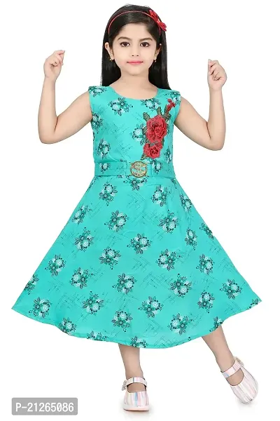 Star Collection Girl's Fashionable Designed Cotton Below Knee, All Over Flower Printed Sleeveless Frock. (5-6 Years, Blue)-thumb0