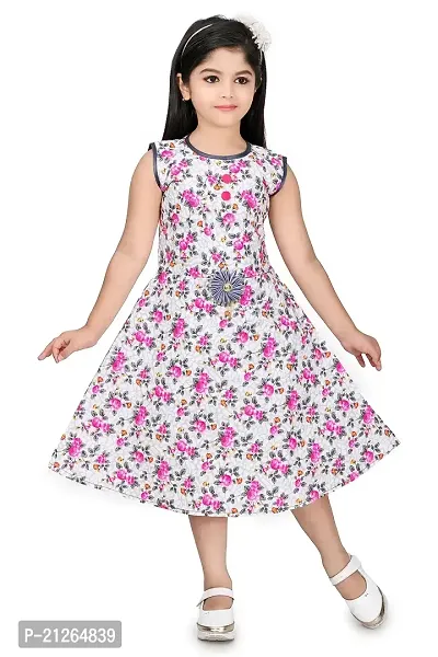 Star Collection Girl's Fancy Cotton Below Knee, Floral Printed Sleeveless Frock. (9-10 Years, Pink)-thumb0