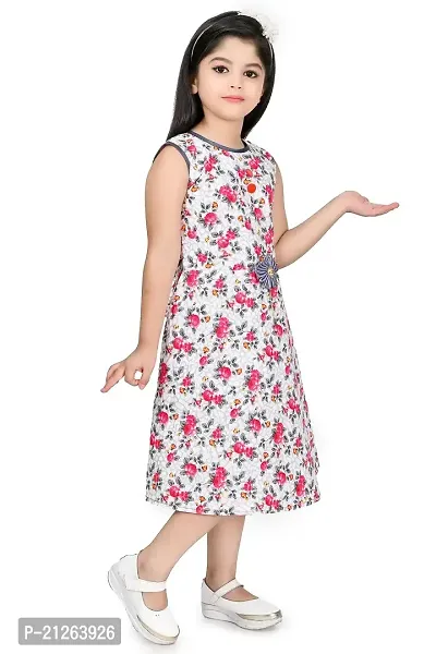 Star Collection Girl's Fancy Cotton Below Knee, Floral Printed Sleeveless Frock. (5-6 Years, RED)-thumb2