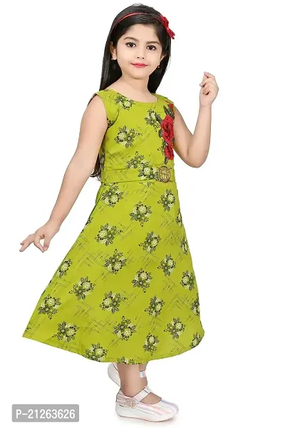 Star Collection Girl's Fashionable Designed Cotton Below Knee, All Over Flower Printed Sleeveless Frock. (6-7 Years, Green)-thumb2