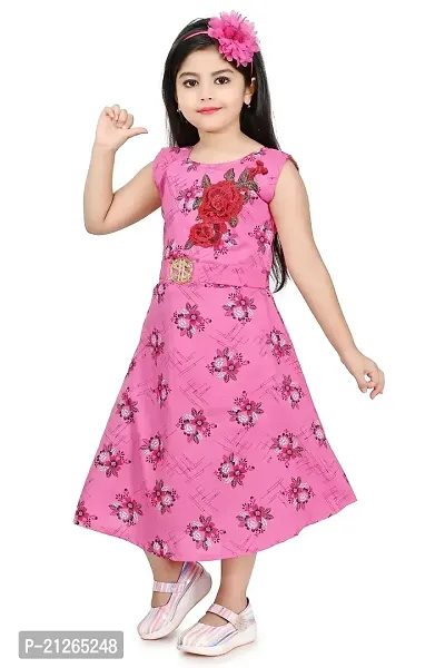 Star Collection Girl's Fashionable Designed Cotton Below Knee, All Over Flower Printed Sleeveless Frock. (9-10 Years, Pink)-thumb5