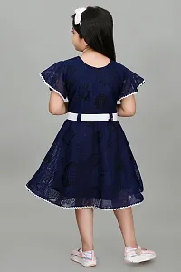Star Collection Girl's Trendy Unique Designed Net Below Knee, Beautiful Minnie Designed with White Belt Frock. (8-9 Years, Blue)-thumb2