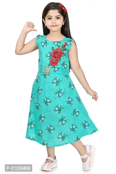 Star Collection Girl's Fashionable Designed Cotton Below Knee, All Over Flower Printed Sleeveless Frock. (5-6 Years, Blue)-thumb5