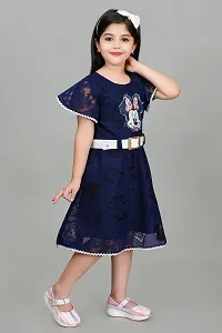Star Collection Girl's Trendy Unique Designed Net Below Knee, Beautiful Minnie Designed with White Belt Frock. (8-9 Years, Blue)-thumb1