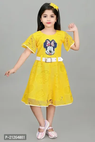 Star Collection Girl's Trendy Unique Designed Net Below Knee, Beautiful Minnie Designed with White Belt Frock. (8-9 Years, Yellow)