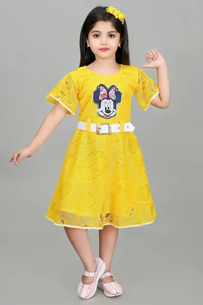 Star Collection Girl's Trendy Unique Designed Net Below Knee, Beautiful Minnie Designed with Belt Frock. (8-9 Years, Yellow)