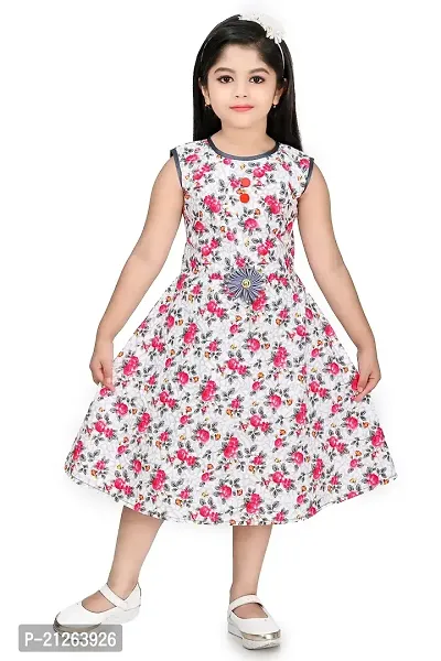 Star Collection Girl's Fancy Cotton Below Knee, Floral Printed Sleeveless Frock. (5-6 Years, RED)