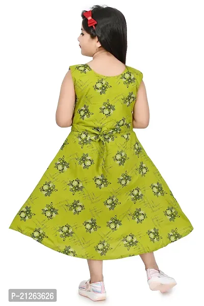 Star Collection Girl's Fashionable Designed Cotton Below Knee, All Over Flower Printed Sleeveless Frock. (6-7 Years, Green)-thumb3