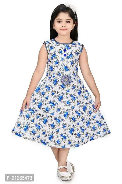 Star Collection Girl's Fancy Cotton Below Knee, Floral Printed Sleeveless Frock. (9-10 Years, Blue)