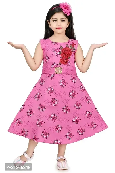 Star Collection Girl's Fashionable Designed Cotton Below Knee, All Over Flower Printed Sleeveless Frock. (9-10 Years, Pink)-thumb0